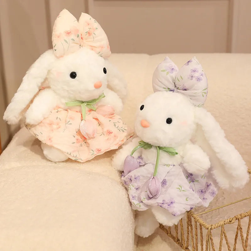 Lindo coelho de pelúcia, colorido, macio e fofo, com vestido de chiffon, boneca para acalmar e dormir, presente de aniversário.
