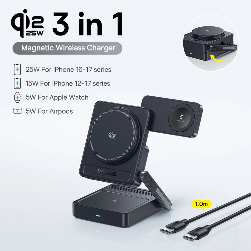 Baseus 3-in-1 Magnetic Wireless Charger – Qi2 25W Fast Charging for iPhone, Apple Watch & AirPods