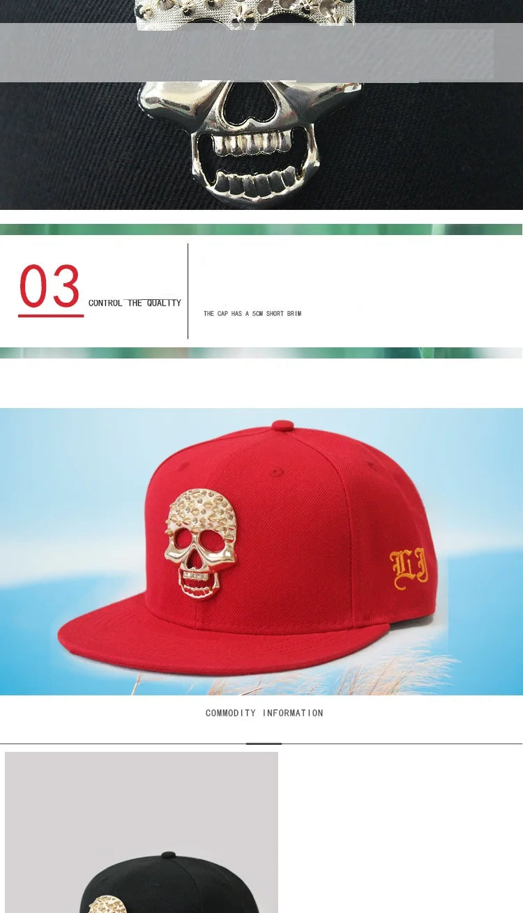 Boné de Aba Reta com Rebites de Caveira - Boné de Beisebol Snapback Estilo Hip-Hop para Dança de Rua e Estilo Urbano