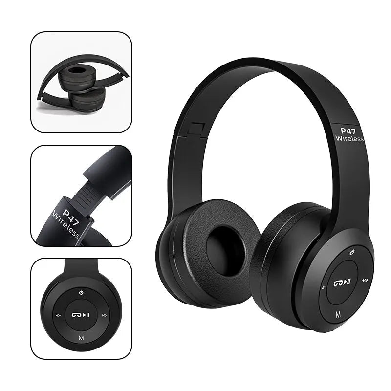 Fones de ouvido sem fio Bluetooth P47 - Fones de ouvido supra-auriculares dobráveis ​​com graves estéreo HiFi