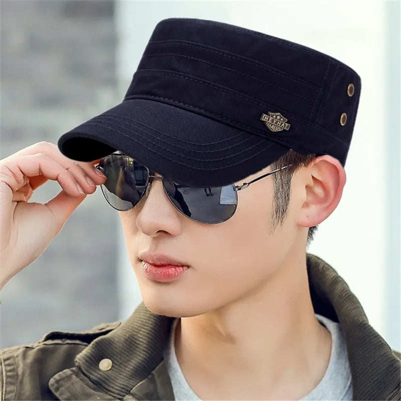 Vintage Flat Top Cadet Cap - Cotton Military Style Hat for Men & Women