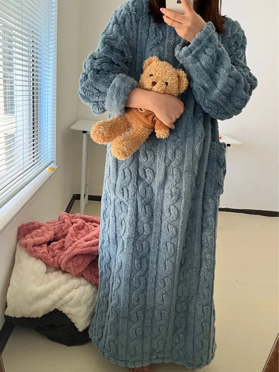 Pijama de flanela plus size – Roupa de dormir feminina em veludo coral
