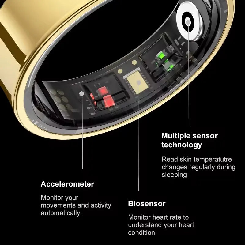 Anel Inteligente R09 para Homens e Mulheres com Estojo de Carregamento, Monitor de Frequência Cardíaca, Oxigenação Sanguínea e Temperatura da Pele, Resistente à Água 5ATM para Android e iOS