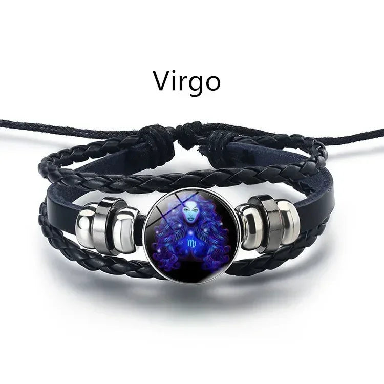 Pulseira ajustável e luminosa do zodíaco - Pulseira espiritual em couro PU que brilha no escuro