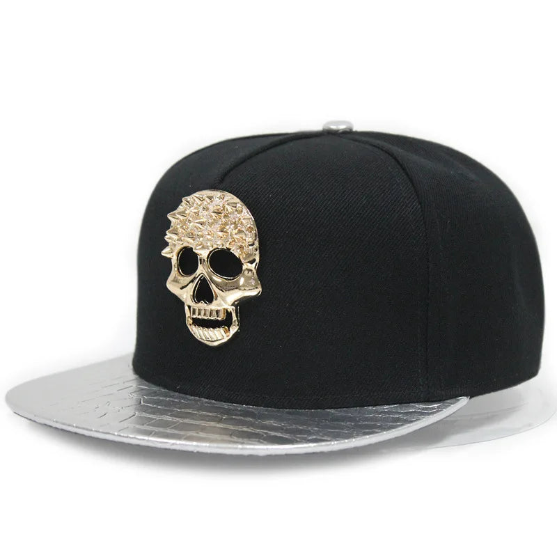 Boné de Aba Reta com Rebites de Caveira - Boné de Beisebol Snapback Estilo Hip-Hop para Dança de Rua e Estilo Urbano