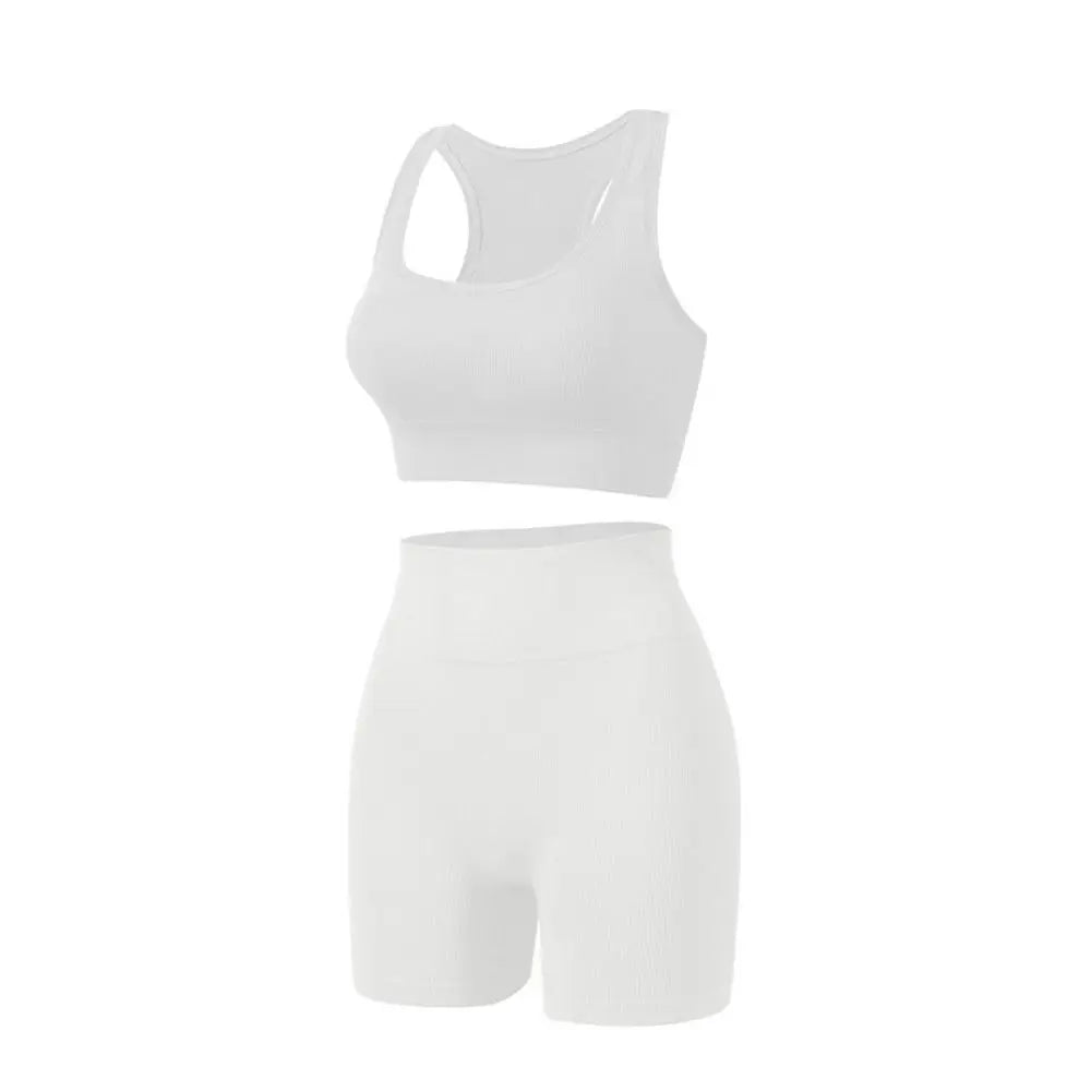 Women's 2-Piece Breathable Ribbed Workout Set - Sports Bra & High Waist Shorts (Summer Active Set)