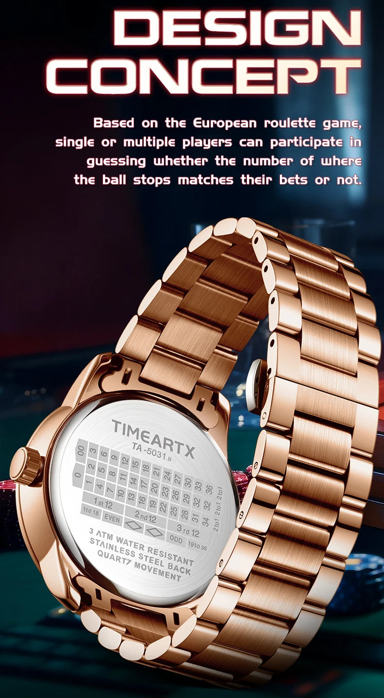 TIMEARTX Men's Poker Roulette Watch – European Design Quartz Wristwatch with Luminous Hands | Gift for Him