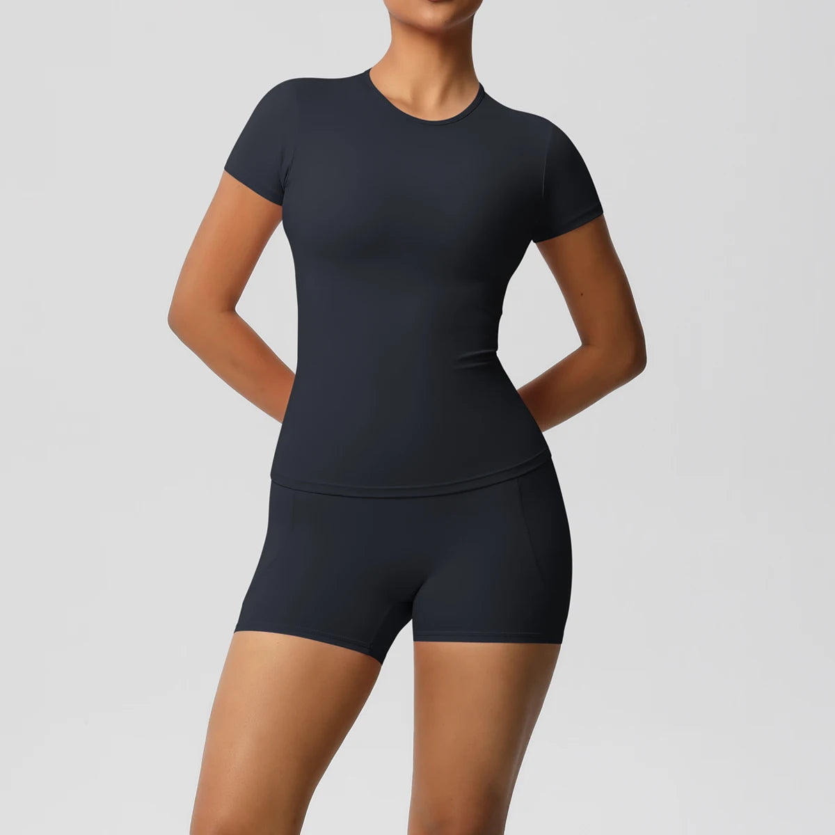 Conjunto de 2 Peças Feminino para Treino - Camisa Push-Up e Shorts Cintura Alta para Yoga e Fitness