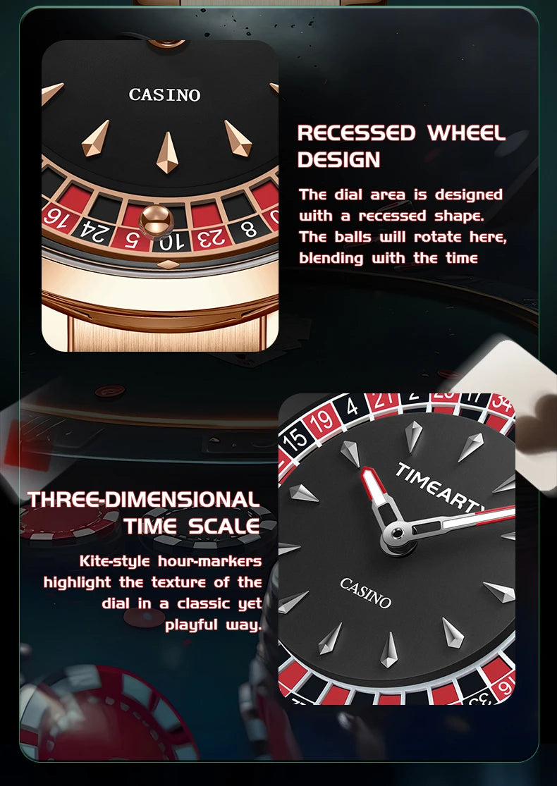 TIMEARTX Men's Poker Roulette Watch – European Design Quartz Wristwatch with Luminous Hands | Gift for Him