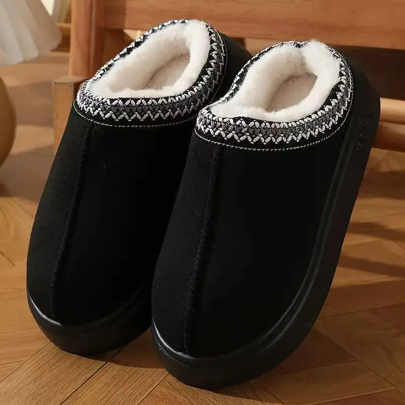 Pantufas de inverno femininas - Pantufas de pelúcia bordadas e antiderrapantes para uso interno com sola grossa.