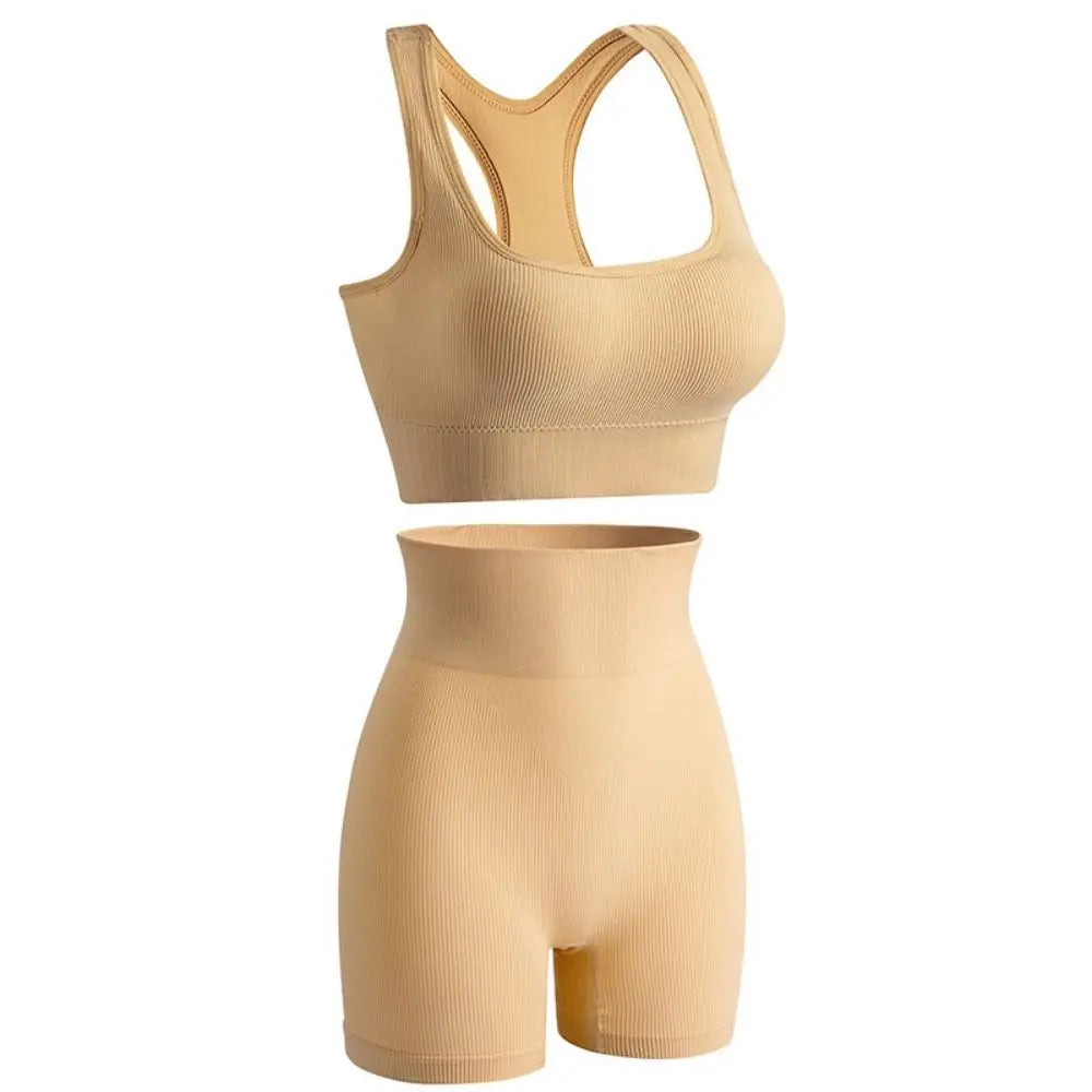 2 Pieces Seamless Workout Outfits High Waist Short Sport Bra Crop Matching Active Set Sleeveless Round Neck Tracksuit Exercise