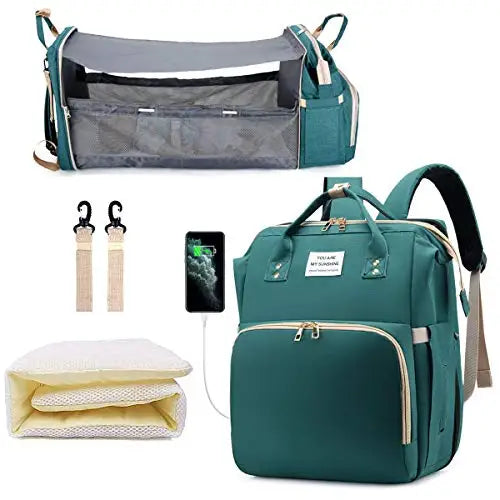 3-in-1 Diaper Bag Backpack – Foldable Baby Bed with USB Charging Port