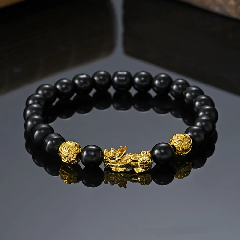 Pulseira Feng Shui Pixiu da Prosperidade com Obsidiana Negra - Pulseira Elástica com Contas de Buda da Prosperidade