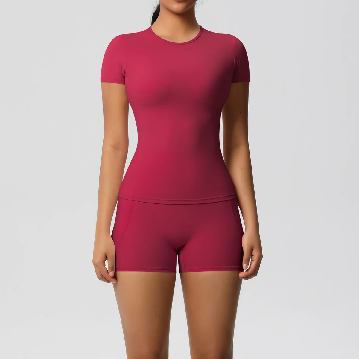 Conjunto de 2 Peças Feminino para Treino - Camisa Push-Up e Shorts Cintura Alta para Yoga e Fitness