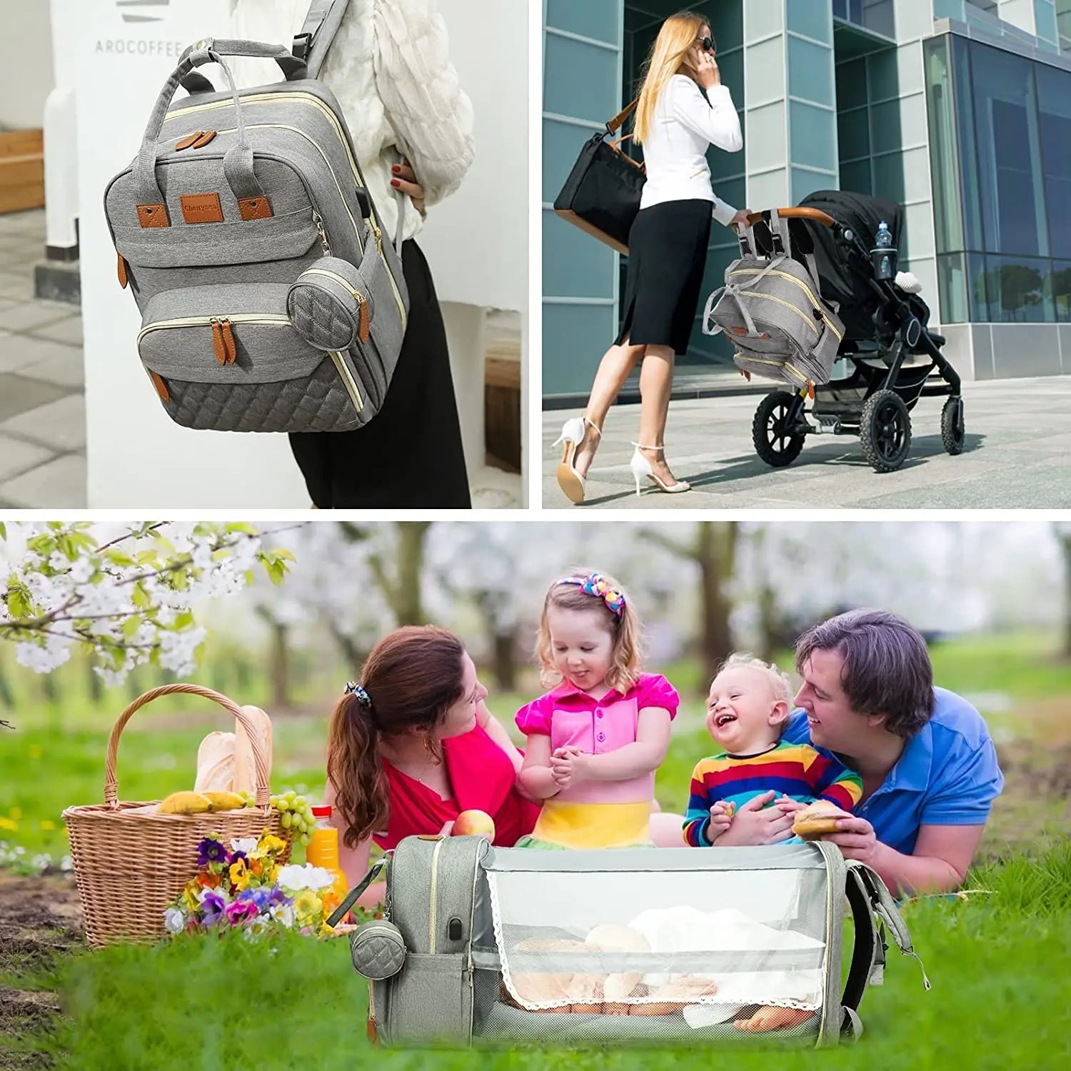 3-in-1 Diaper Bag Backpack – Foldable Baby Bed with USB Charging Port
