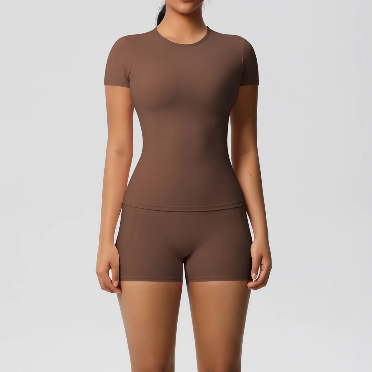 Conjunto de 2 Peças Feminino para Treino - Camisa Push-Up e Shorts Cintura Alta para Yoga e Fitness