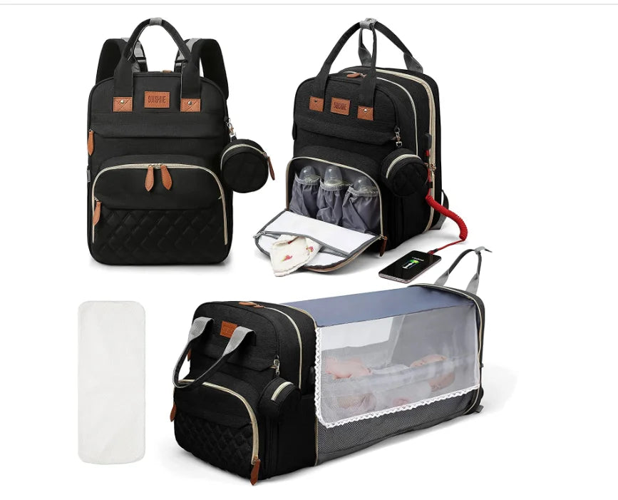 3-in-1 Diaper Bag Backpack – Foldable Baby Bed with USB Charging Port