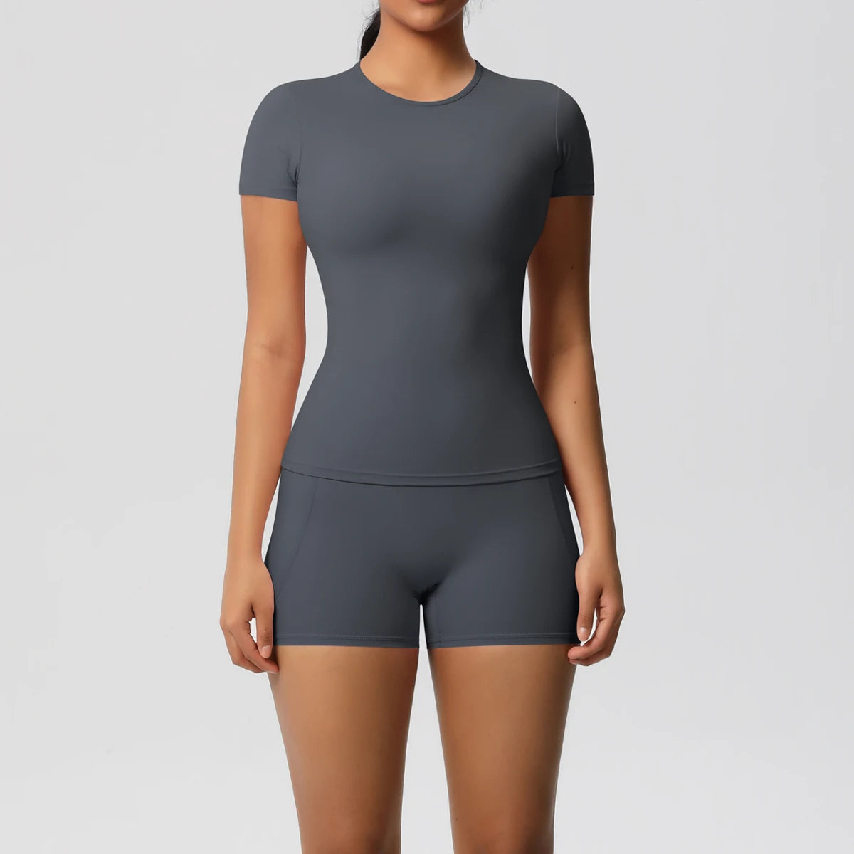 Conjunto de 2 Peças Feminino para Treino - Camisa Push-Up e Shorts Cintura Alta para Yoga e Fitness