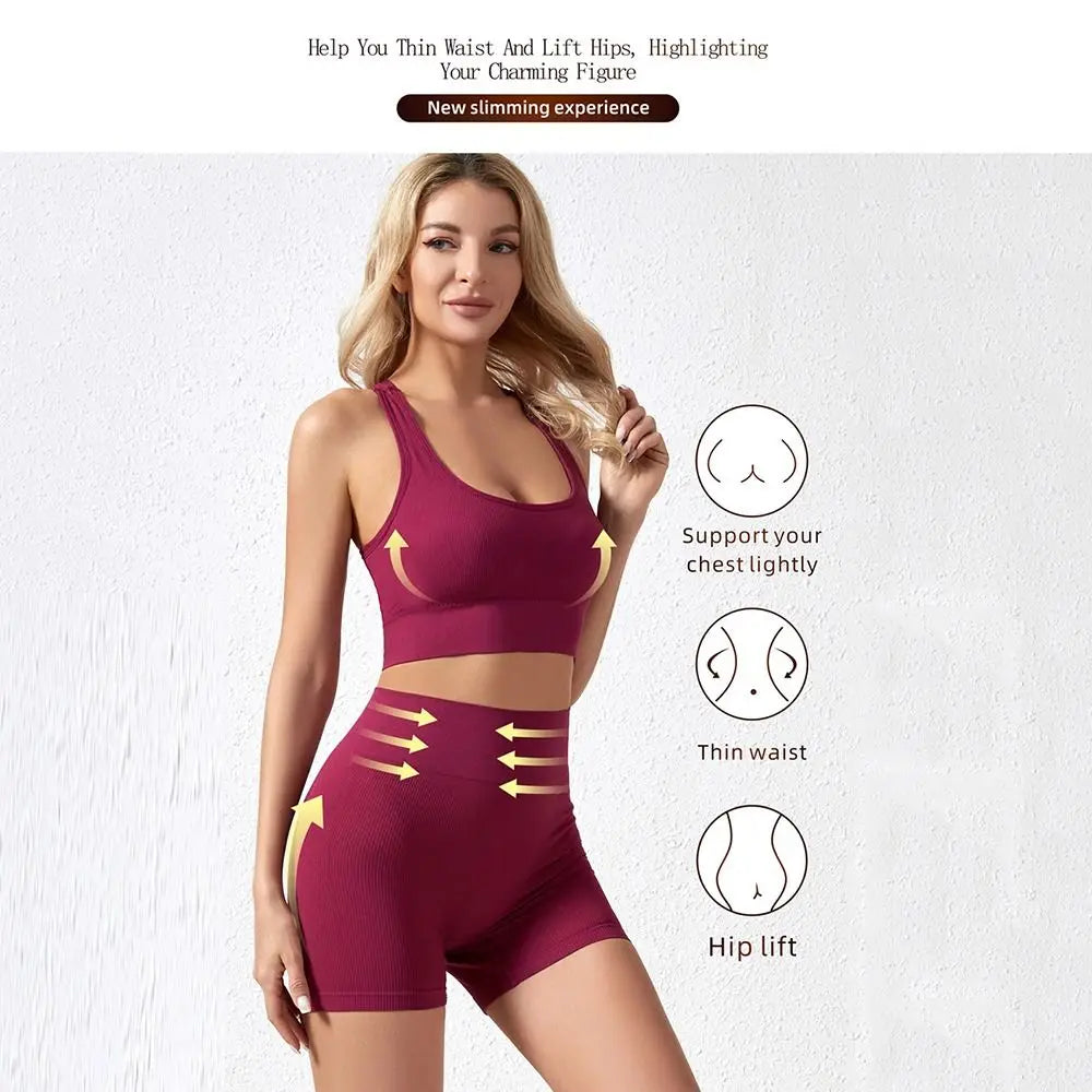 2 Pieces Seamless Workout Outfits High Waist Short Sport Bra Crop Matching Active Set Sleeveless Round Neck Tracksuit Exercise