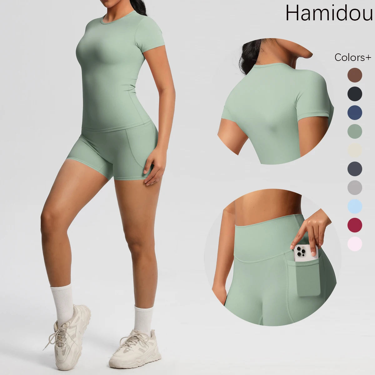 Conjunto de 2 Peças Feminino para Treino - Camisa Push-Up e Shorts Cintura Alta para Yoga e Fitness
