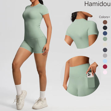 Conjunto de 2 Peças Feminino para Treino - Camisa Push-Up e Shorts Cintura Alta para Yoga e Fitness
