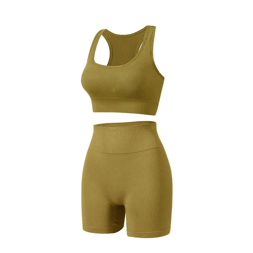 Women's 2-Piece Breathable Ribbed Workout Set - Sports Bra & High Waist Shorts (Summer Active Set)