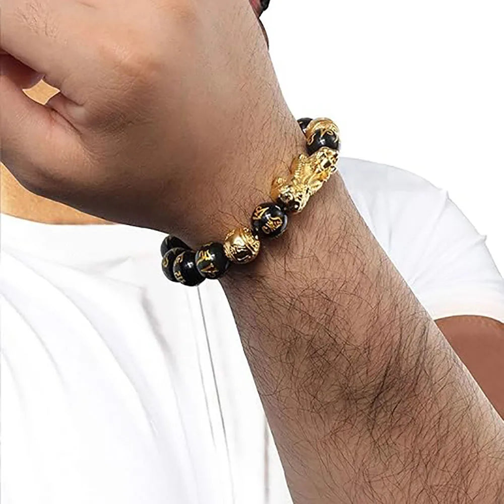 Pulseira Feng Shui Pixiu da Prosperidade com Obsidiana Negra - Pulseira Elástica com Contas de Buda da Prosperidade