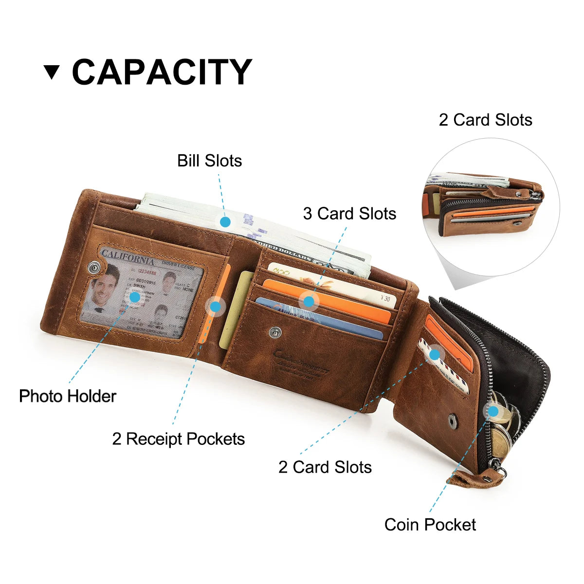 👌 Genuine Leather Trifold Wallet - Crazy Horse Cow Leather