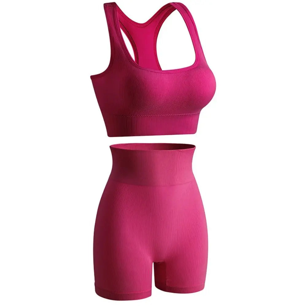 2 Pieces Seamless Workout Outfits High Waist Short Sport Bra Crop Matching Active Set Sleeveless Round Neck Tracksuit Exercise