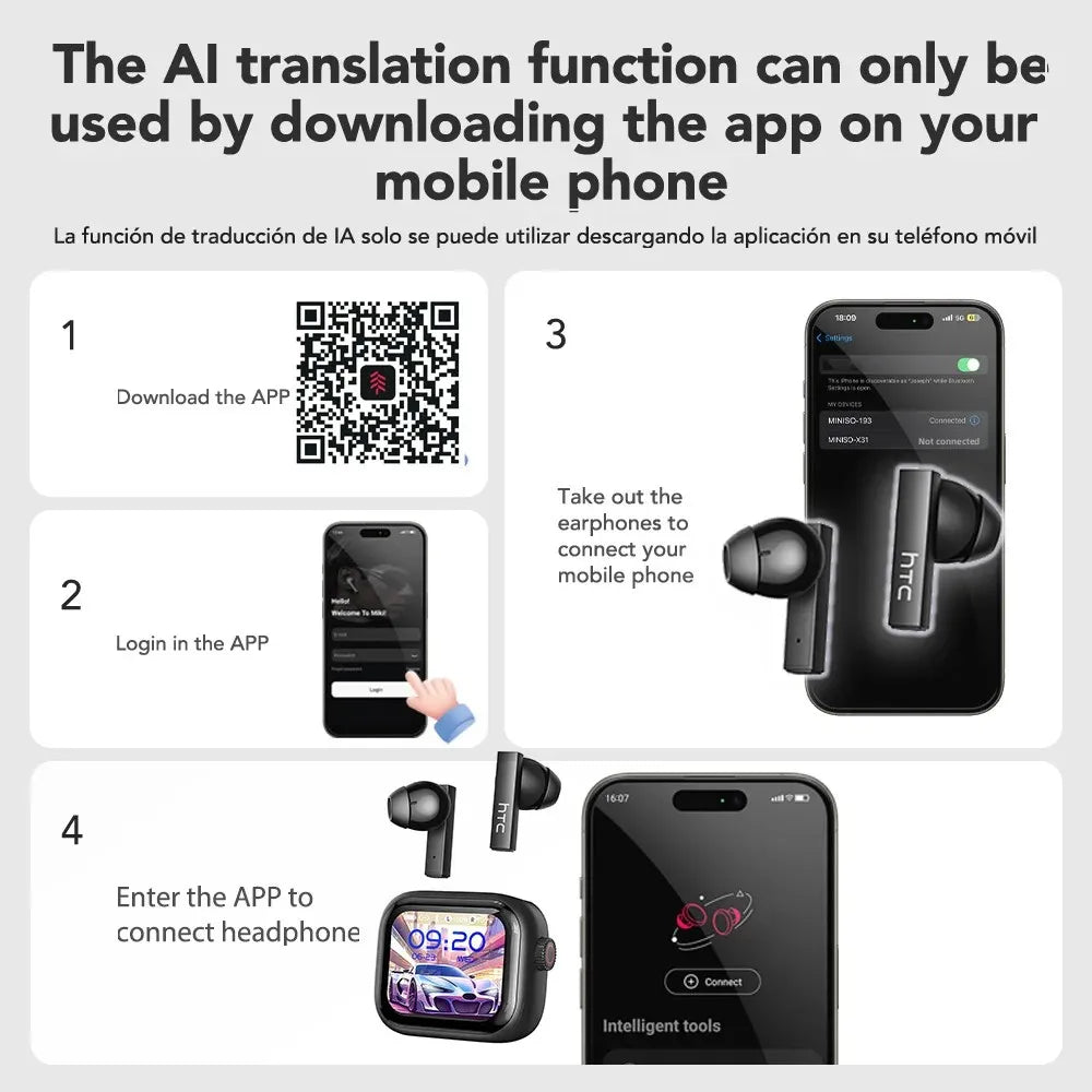 Fones de Ouvido Bluetooth HTC com Tradutor IA e Legendas HD - TWS Esportivo Sem Fio
