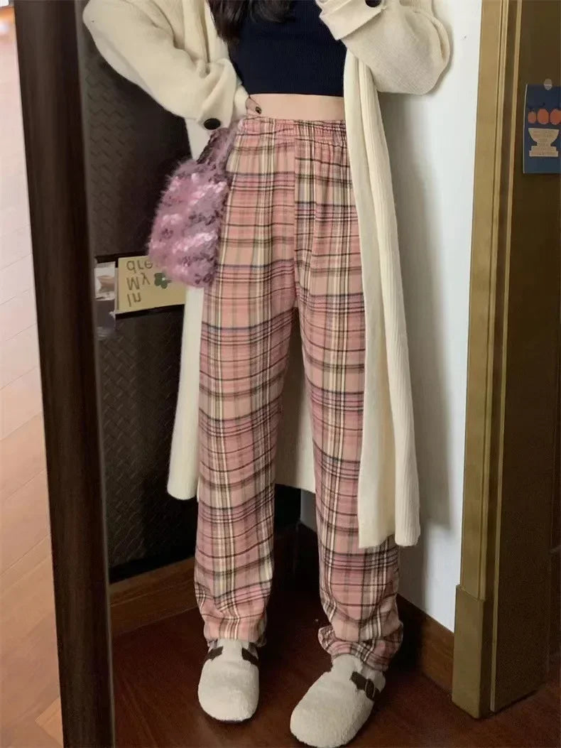 Calças xadrez de pelúcia quentinhas – Calças casuais de inverno femininas de pernas largas