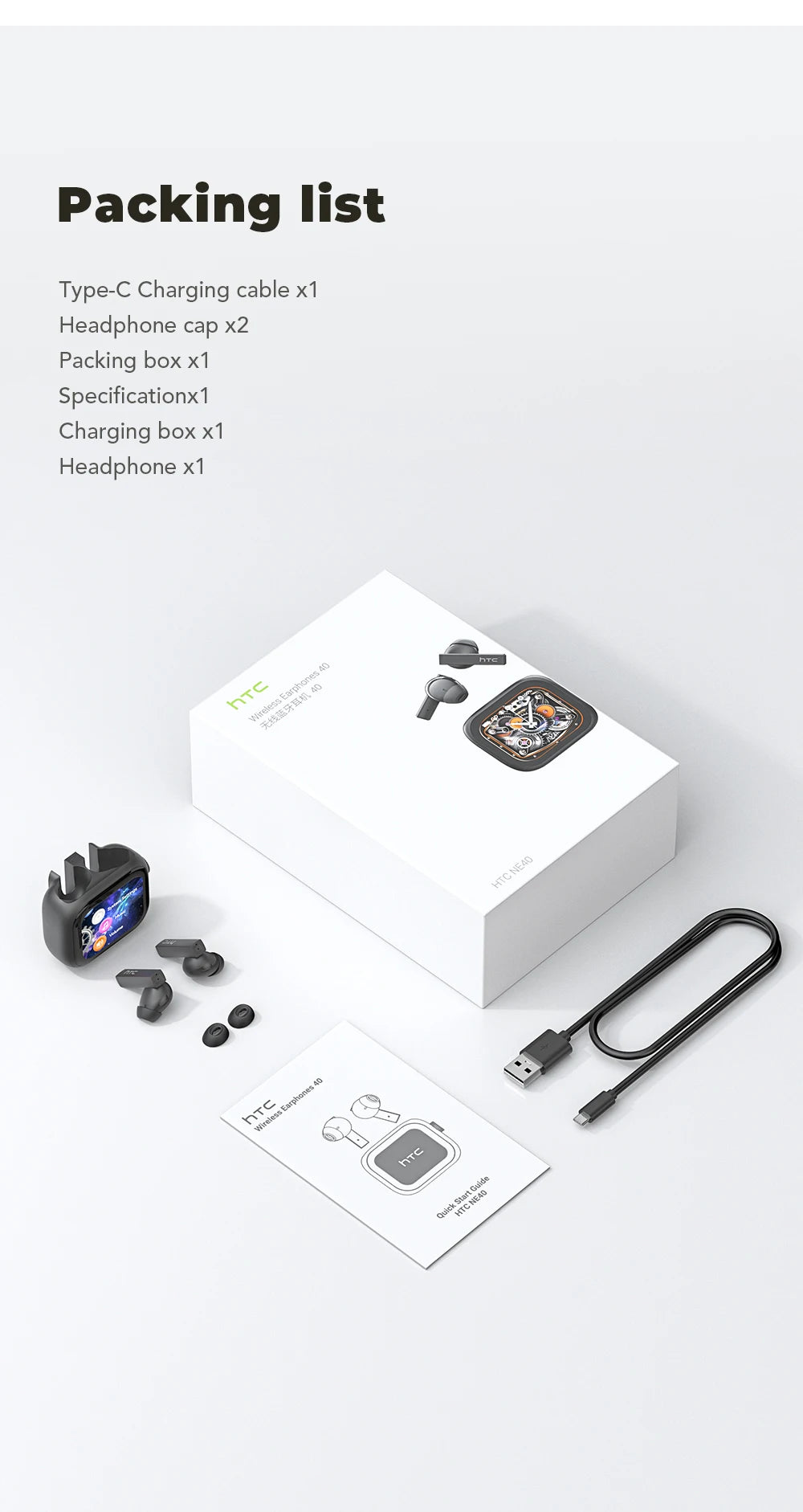 Fones de Ouvido Bluetooth HTC com Tradutor IA e Legendas HD - TWS Esportivo Sem Fio