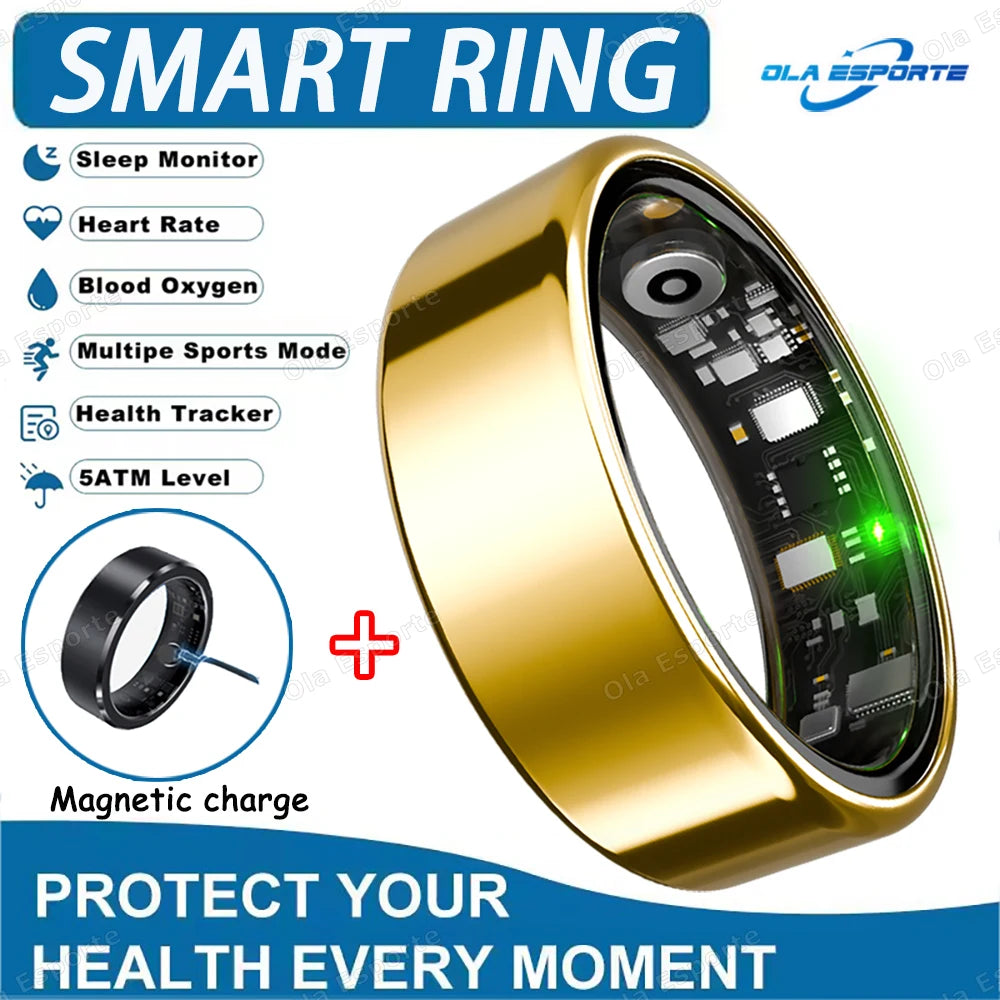 Anel inteligente para homens e mulheres com câmera, monitor de frequência cardíaca e oxigenação sanguínea, à prova d'água IP68 e 5ATM, com modos multiesportivos.
