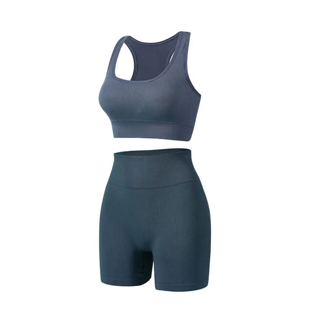 2 Pieces Seamless Workout Outfits High Waist Short Sport Bra Crop Matching Active Set Sleeveless Round Neck Tracksuit Exercise