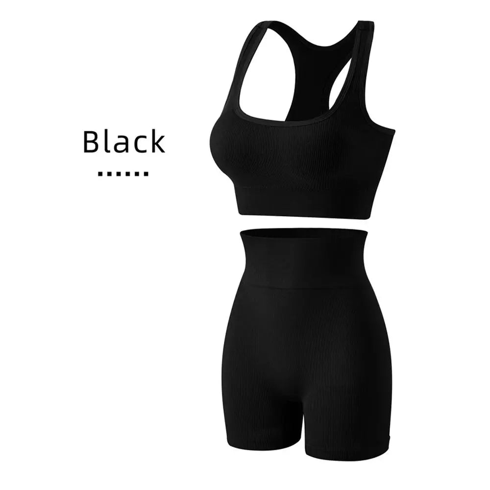 Women's 2-Piece Breathable Ribbed Workout Set - Sports Bra & High Waist Shorts (Summer Active Set)