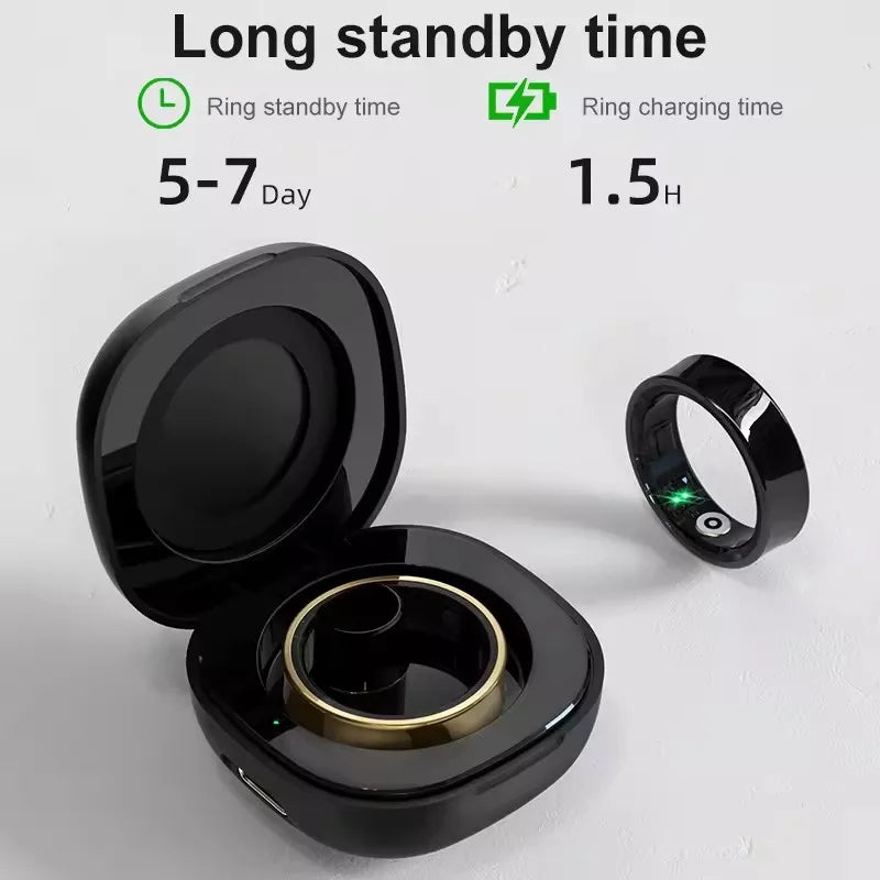 Anel Inteligente R09 para Homens e Mulheres com Estojo de Carregamento, Monitor de Frequência Cardíaca, Oxigenação Sanguínea e Temperatura da Pele, Resistente à Água 5ATM para Android e iOS