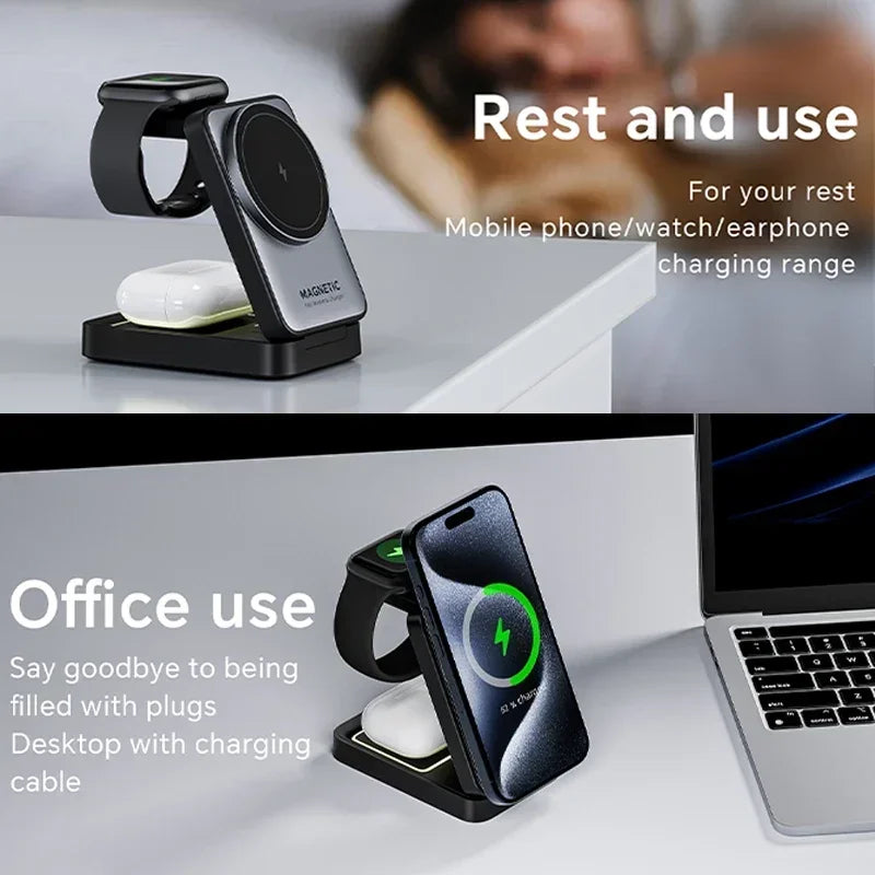 Foldable 3-in-1 Magnetic Wireless Charger Stand for iPhone & Apple Devices