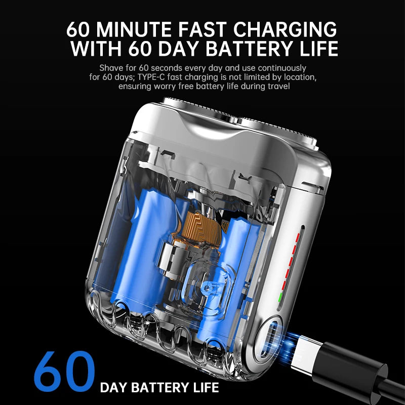 Barbeador Elétrico Portátil de Duas Cabeças - Barbeador Rotativo Recarregável USB-C à Prova D'Água para Homens