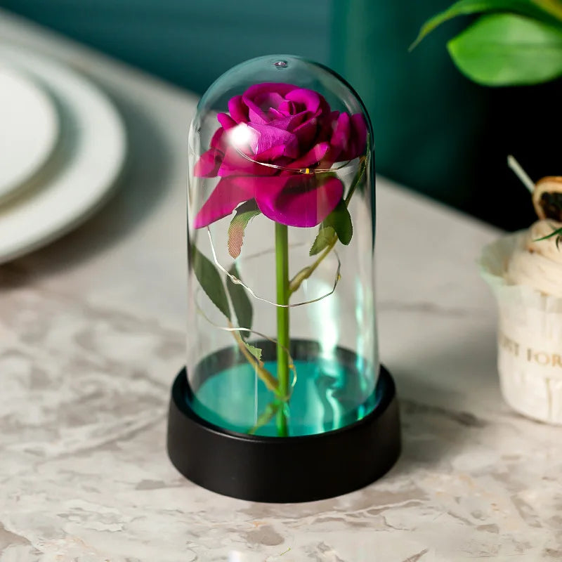 Rosa eterna de LED em cúpula de vidro - Flor com detalhes em folha de ouro para o Dia dos Namorados e Dia das Mães
