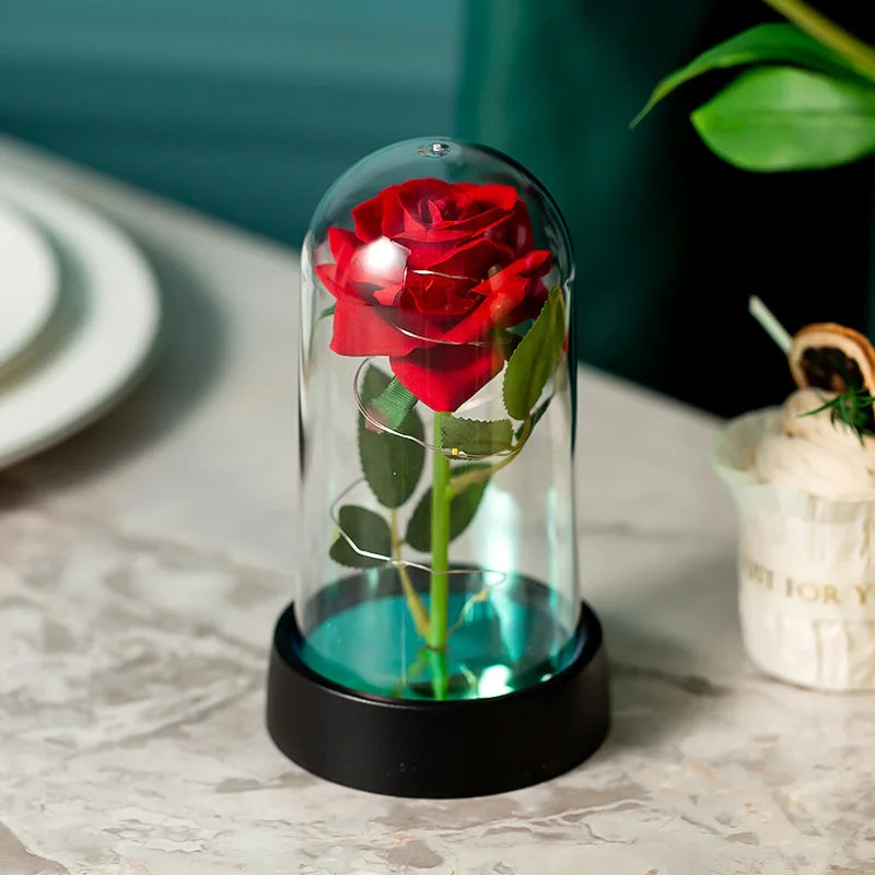 Rosa eterna de LED em cúpula de vidro - Flor com detalhes em folha de ouro para o Dia dos Namorados e Dia das Mães