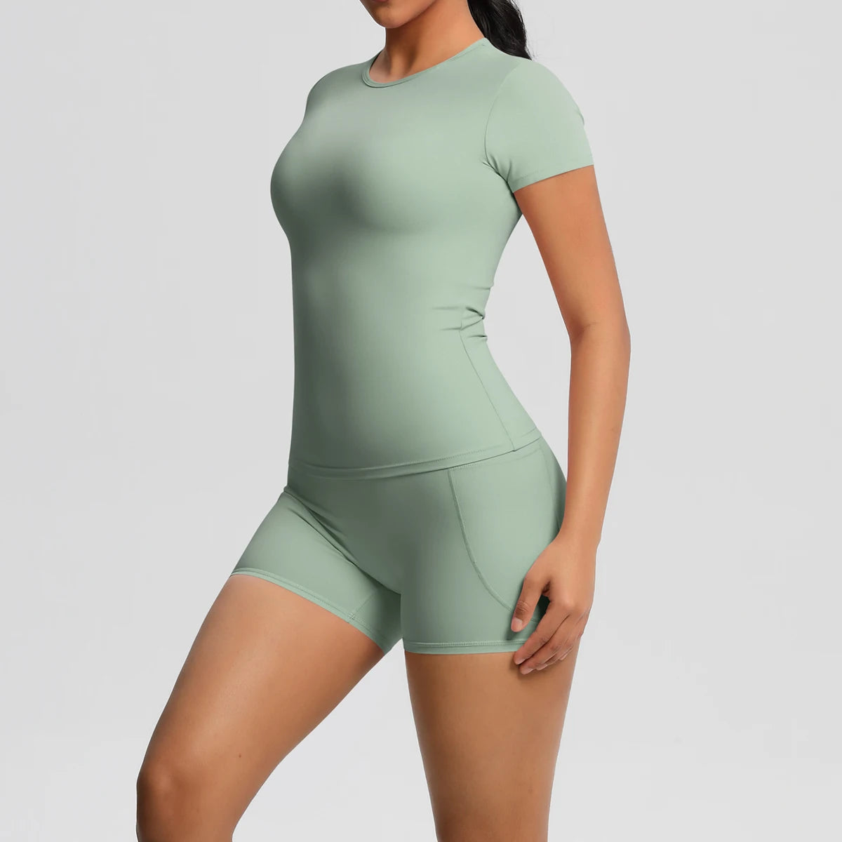 Conjunto de 2 Peças Feminino para Treino - Camisa Push-Up e Shorts Cintura Alta para Yoga e Fitness