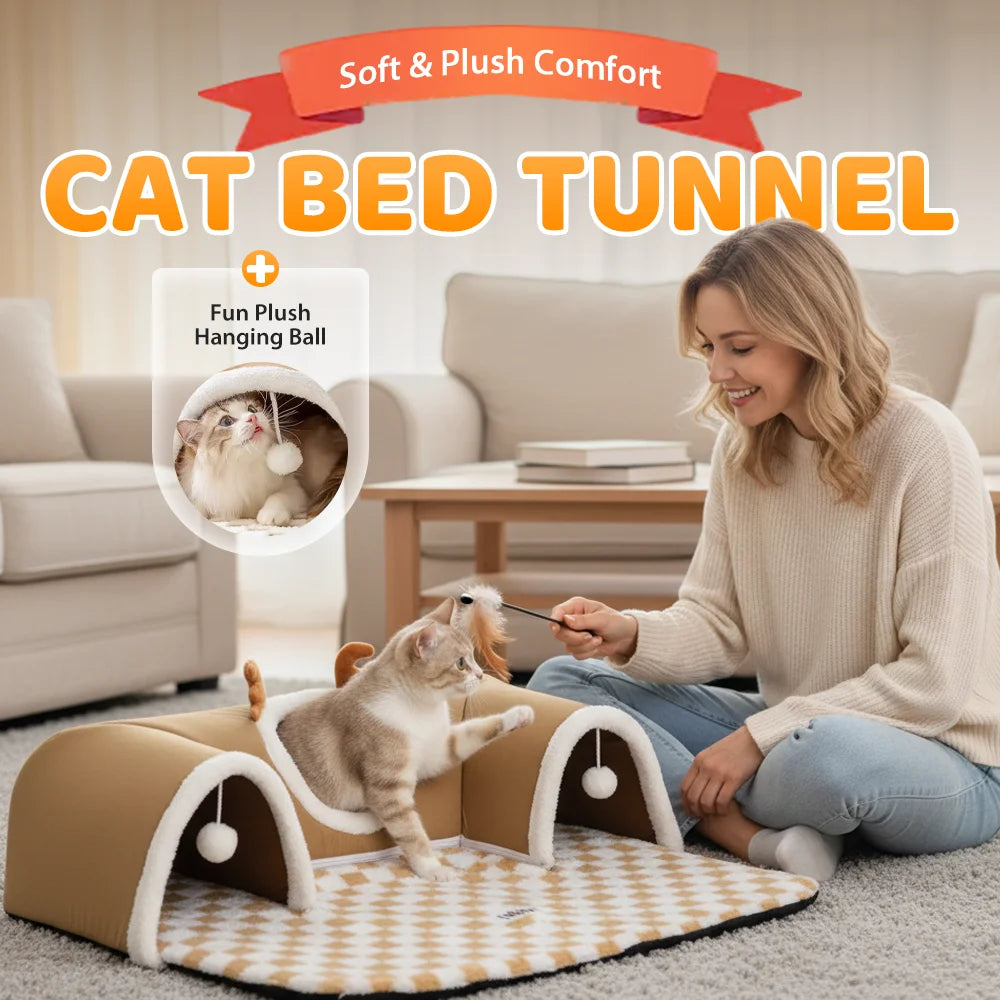 Cama-túnel para gatos – Tubo de brincar espaçoso e dobrável com design durável.