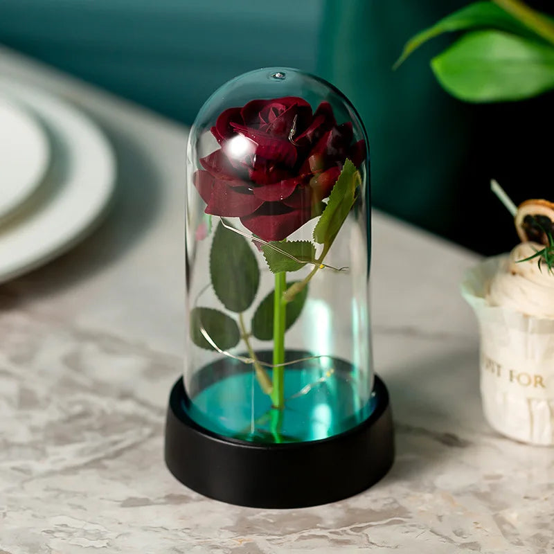 Rosa eterna de LED em cúpula de vidro - Flor com detalhes em folha de ouro para o Dia dos Namorados e Dia das Mães