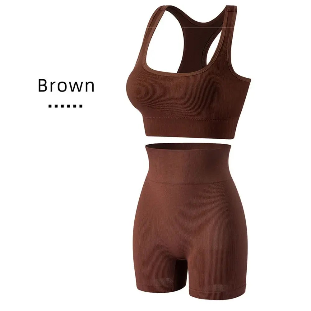 2 Pieces Seamless Workout Outfits High Waist Short Sport Bra Crop Matching Active Set Sleeveless Round Neck Tracksuit Exercise