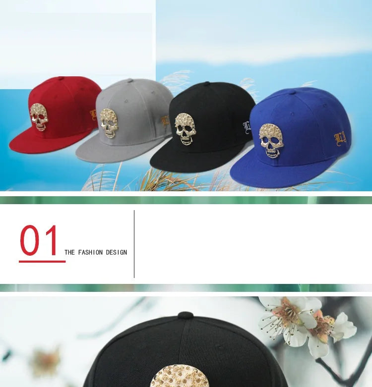 Boné de Aba Reta com Rebites de Caveira - Boné de Beisebol Snapback Estilo Hip-Hop para Dança de Rua e Estilo Urbano