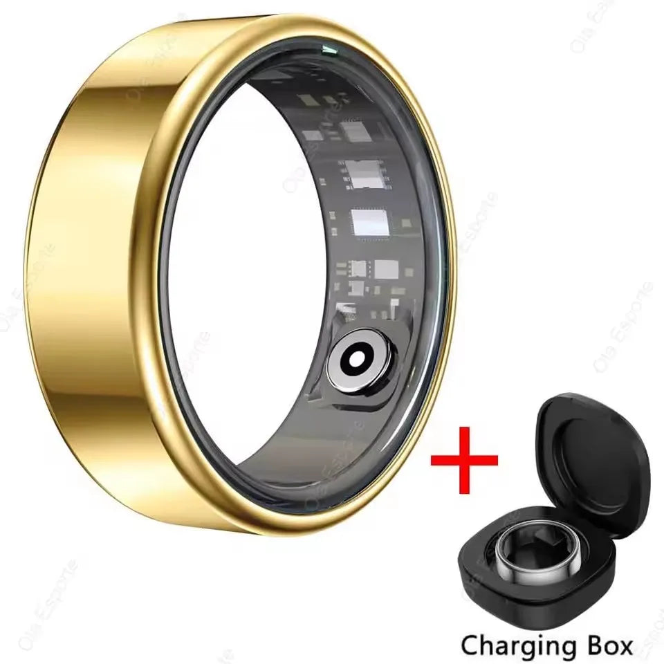 Anel Inteligente R09 para Homens e Mulheres com Estojo de Carregamento, Monitor de Frequência Cardíaca, Oxigenação Sanguínea e Temperatura da Pele, Resistente à Água 5ATM para Android e iOS