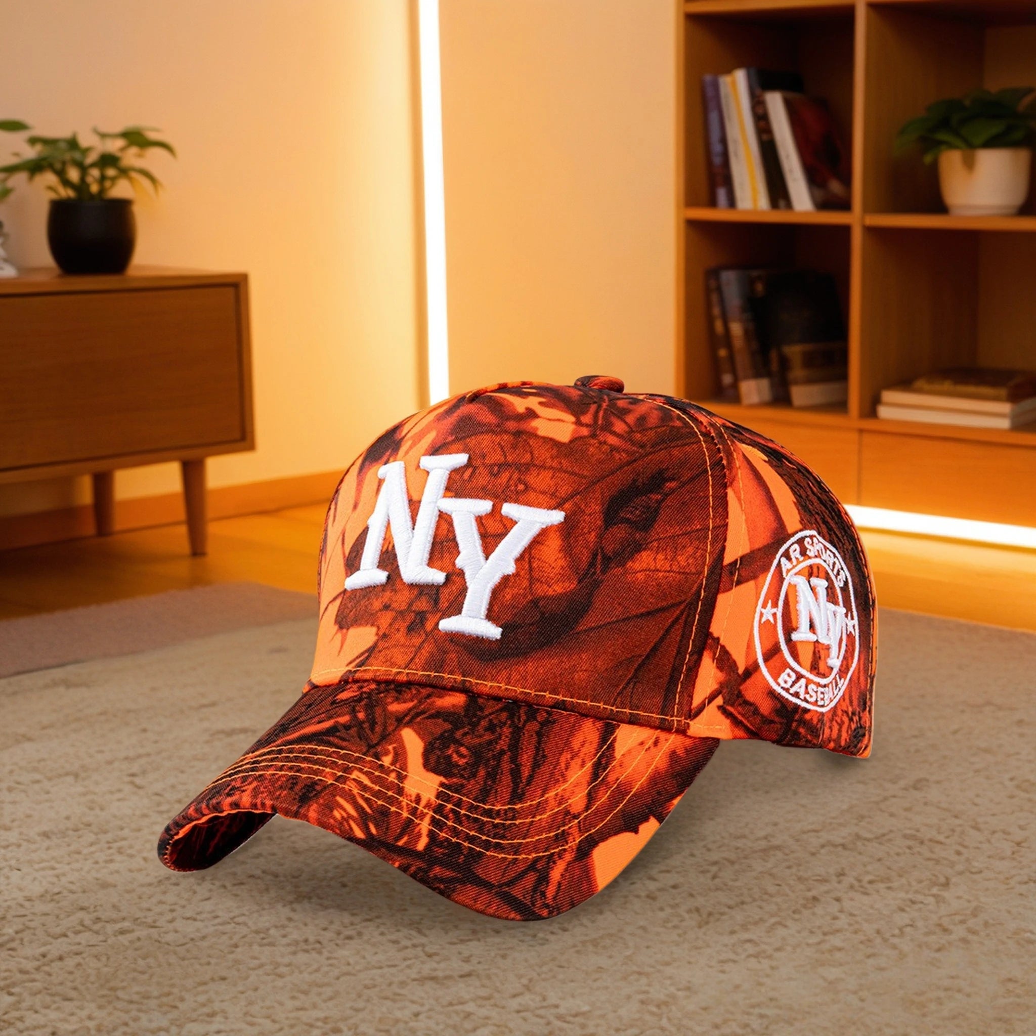 Orange Camo NY Baseball Cap - Leaf Pattern Embroidered Snapback Hat for Street Style
