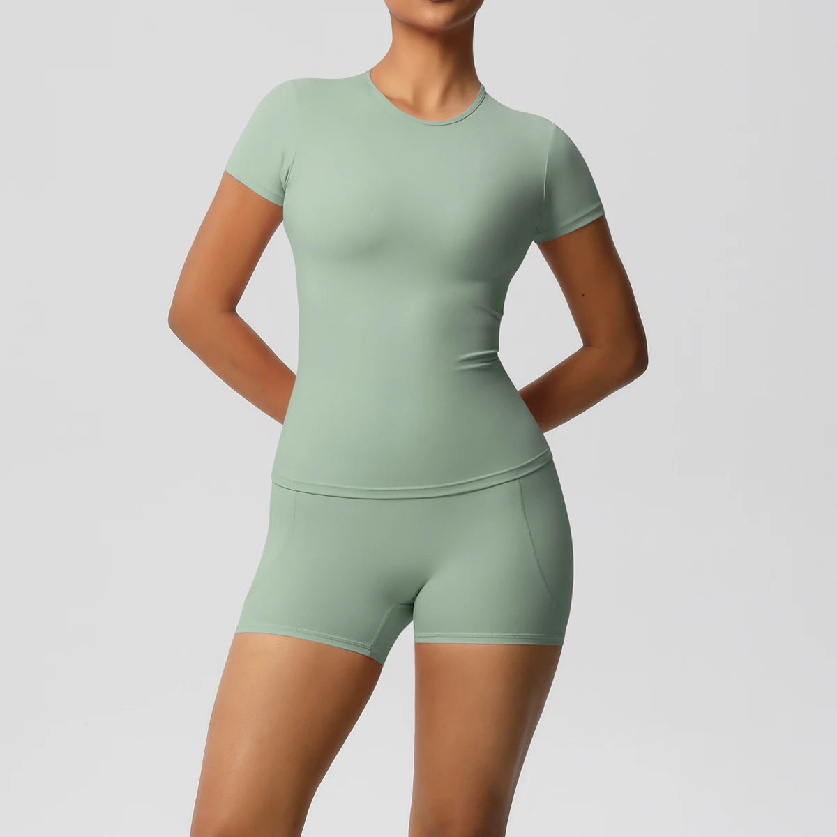 Conjunto de 2 Peças Feminino para Treino - Camisa Push-Up e Shorts Cintura Alta para Yoga e Fitness
