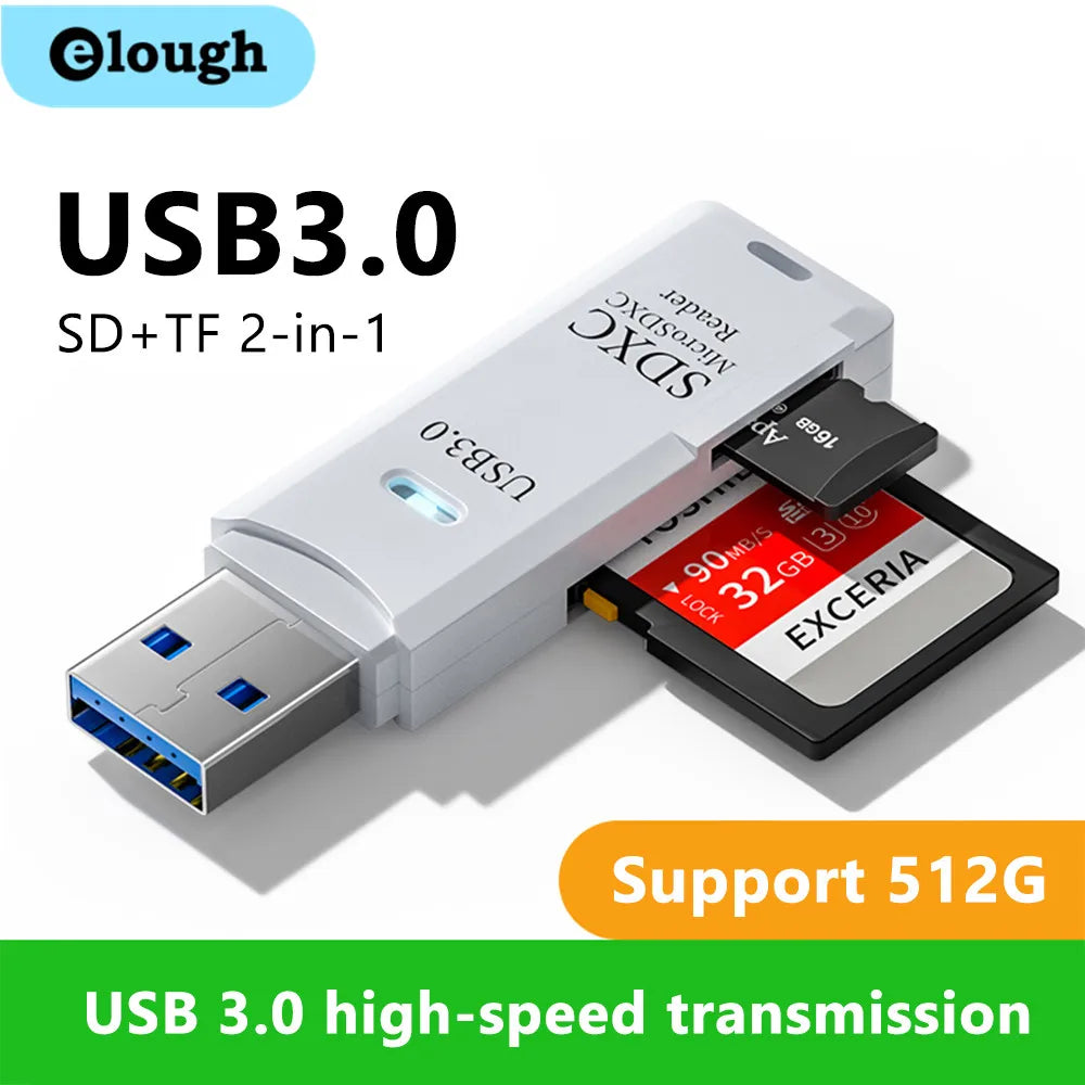 Leitor de cartão USB 3.0 2 em 1, leitor de cartão Micro TF SD, adaptador USB, leitor de cartão de alta velocidade, leitor de cartão de memória TF para acessórios de PC e laptop.