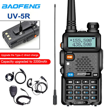 Rádio bidirecional Baofeng UV-5R - Rádio amador de banda dupla VHF/UHF com carregamento USB